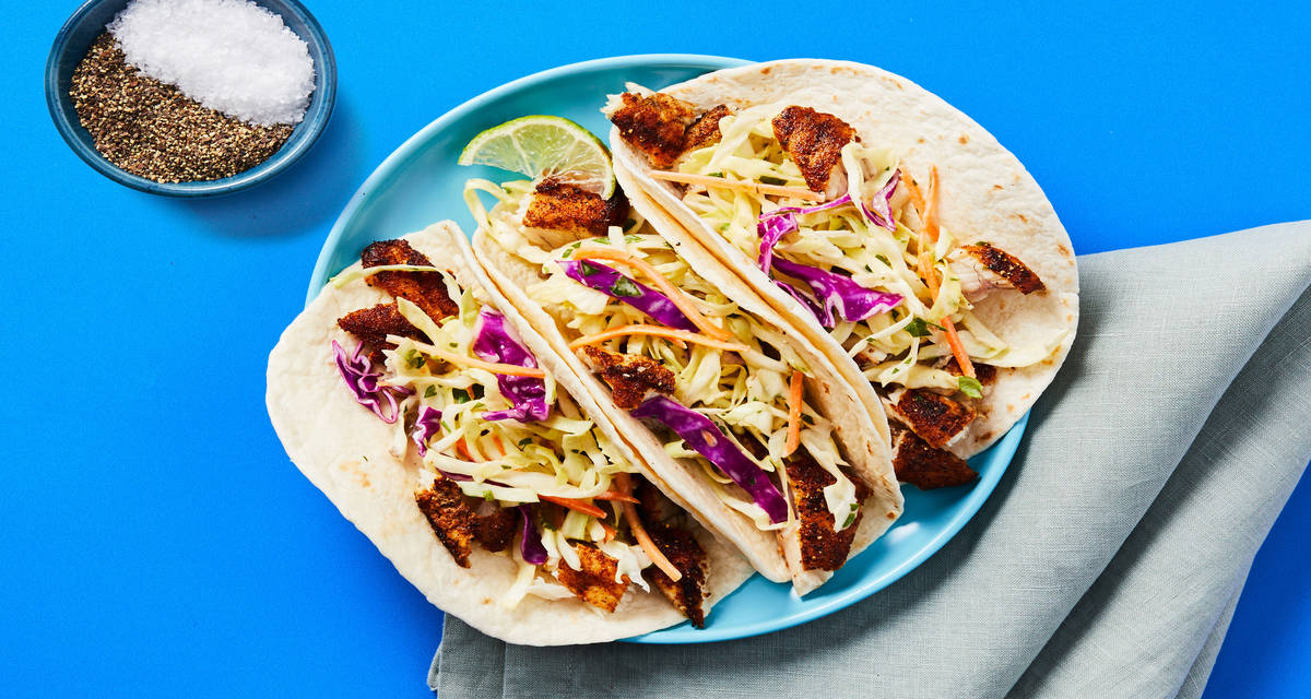 Beachy Blackened Barramundi Tacos with Creamy Cilantro-Lime Slaw
