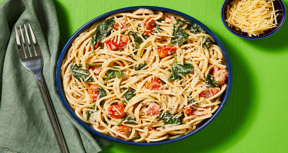 One-Pot Creamy Pasta Toscana with Shrimp with Spinach, Ricotta & Parmesan