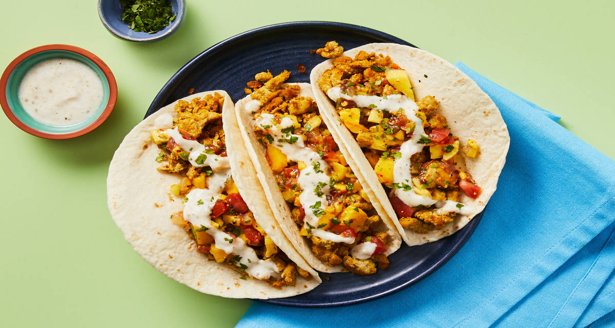 Curried Turkey Tacos with Mango Salsa with Spiced Crema & Cilantro