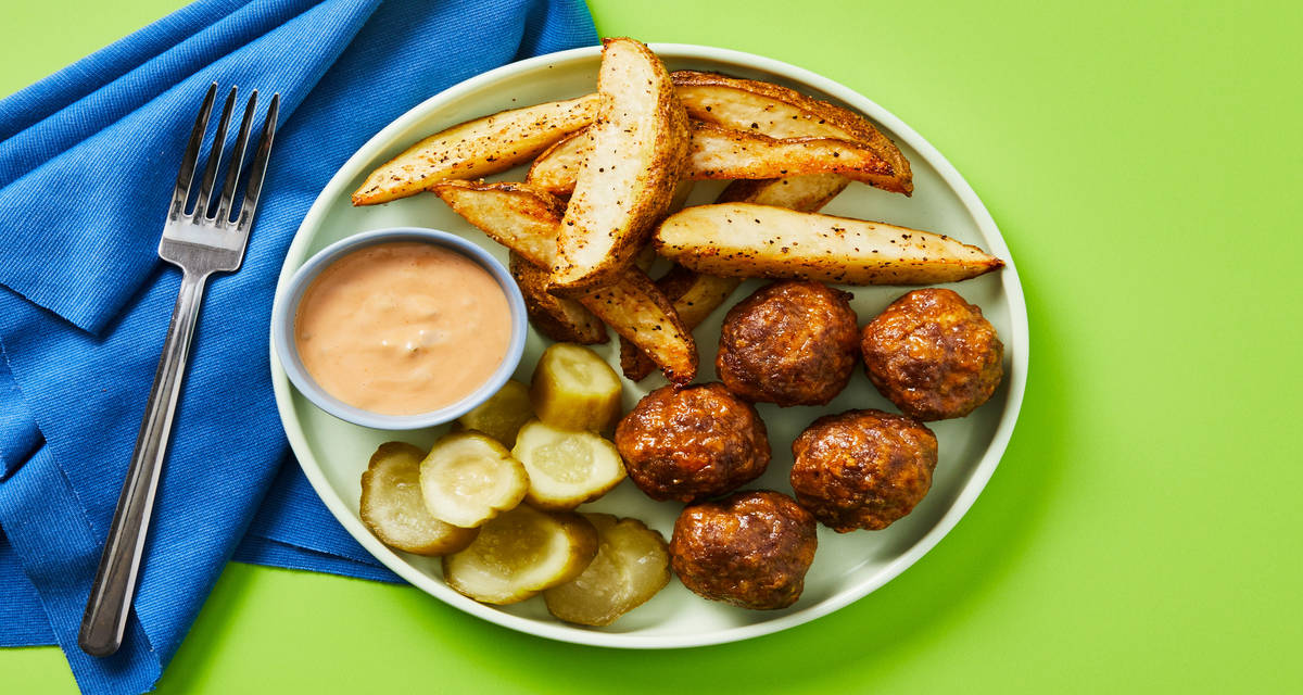 Cheeseburger Meatballs with Garlicky Potato Wedges & Special Sauce Dipper