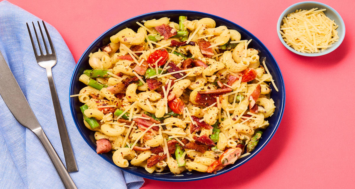 Bacon, Asparagus & Grape Tomato Cavatappi with Basil & Parmesan