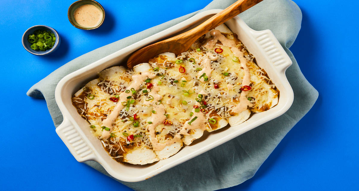 Plant-Based Protein Enchiladas Verdes with Green Pepper, Black Beans & Monterey Jack