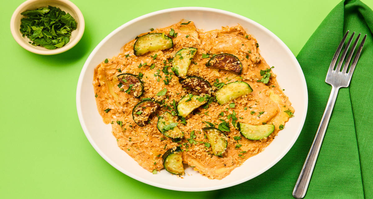Ricotta Tomato Ravioli with Toasted Panko, Lemony Zucchini & Parsley