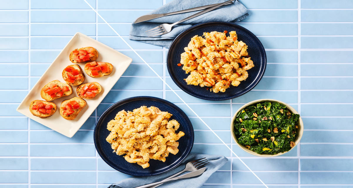Baked Mac ’n’ Cheese Dinner Two Ways Keep It Simple with Garlic Crostini + Mix It Up with Honey-Mustard Kale Salad