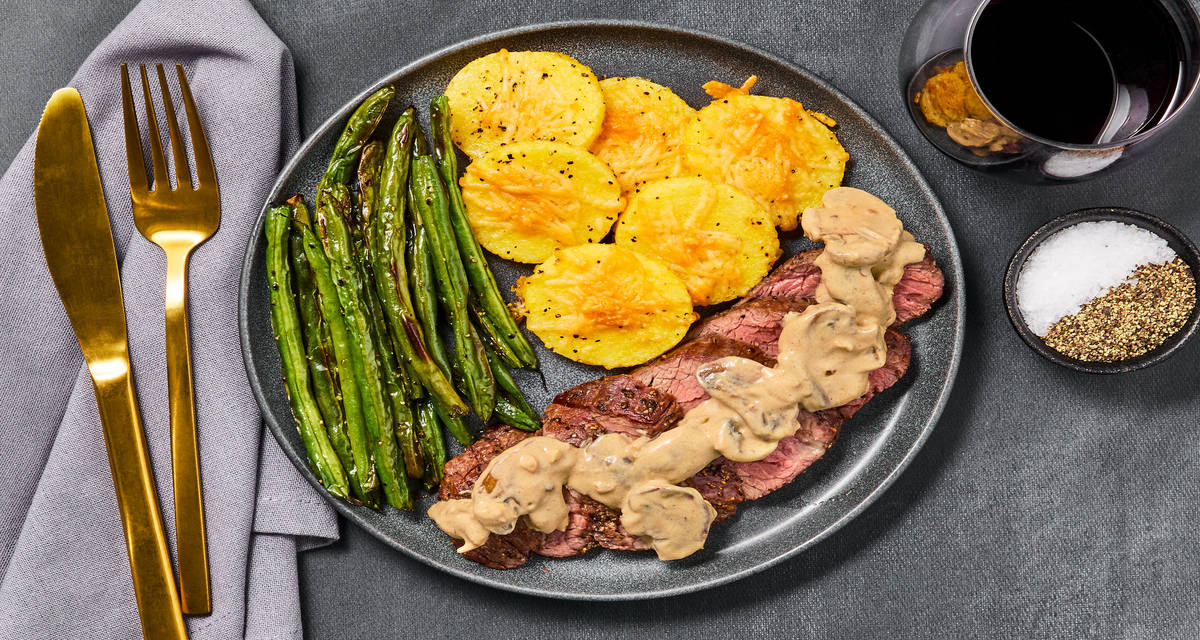 Bistro Steak with Mushrooms & Polenta Cakes plus Roasted Green Beans