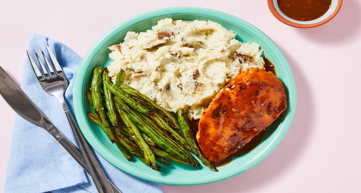 Spicy Gochujang-Glazed Chicken with Horseradish Mashed Potatoes & Roasted Broccoli