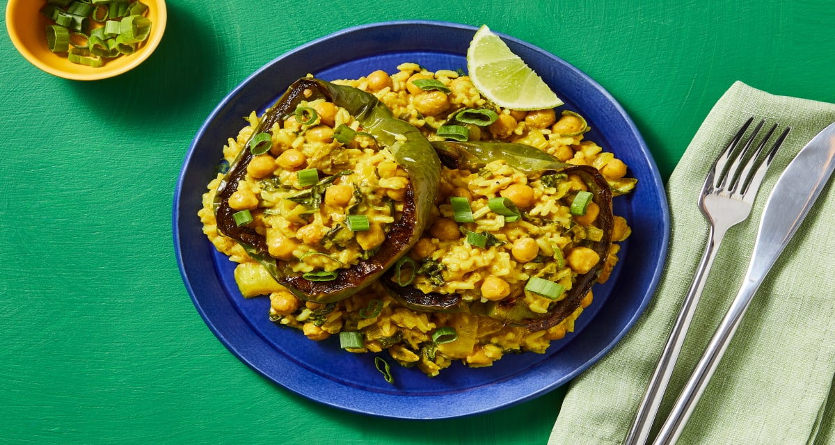 Spicy Coconut Curry Stuffed Peppers with Rice, Chickpeas, Bok Choy & Lime-image