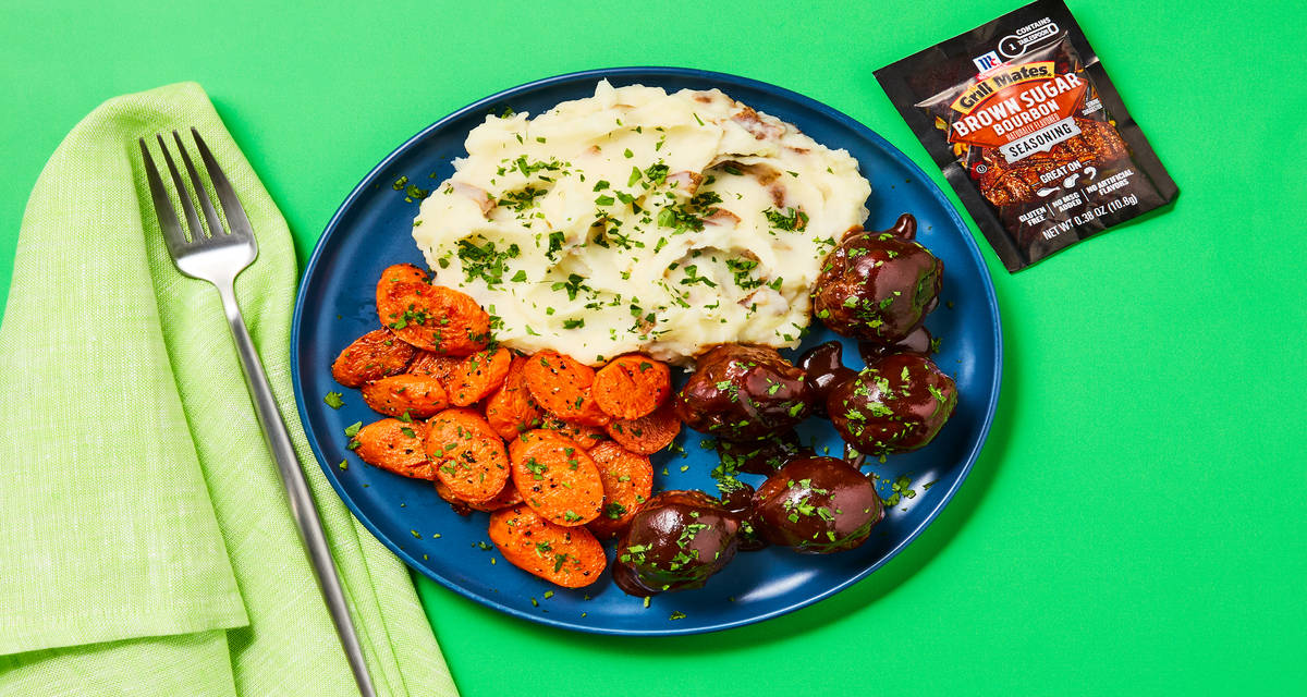Brown Sugar Bourbon BBQ-Glazed Meatballs with Mashed Potatoes & Roasted Carrots