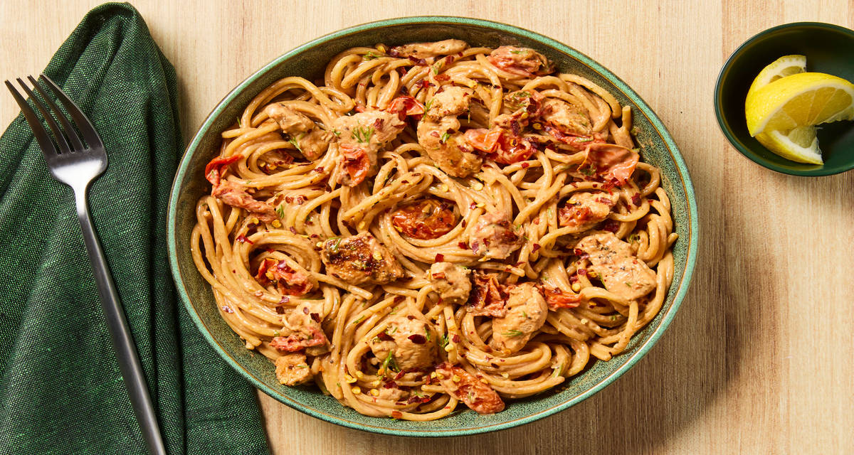 Creamy Lemon Dill Spaghetti & Chicken with Blistered Grape Tomatoes & Chili Flakes