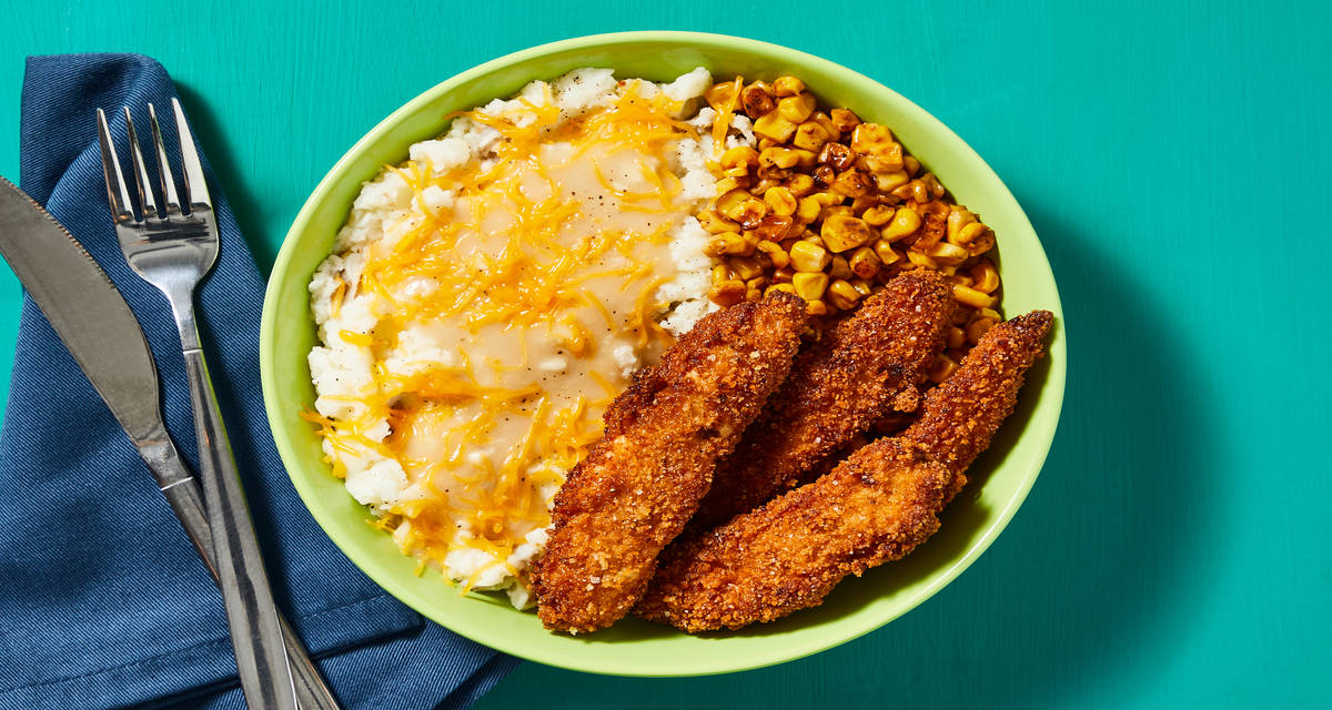 Crispy Chicken & Mashed Potato Bowls with Gravy, Charred Corn & Cheddar