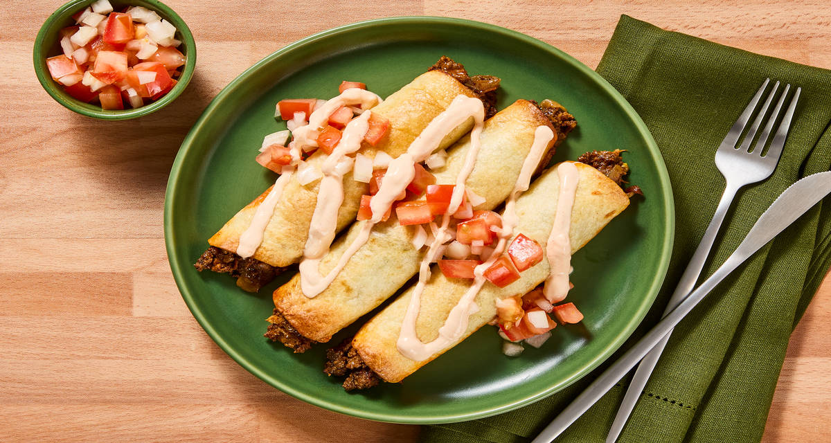 Chicken Flautas Supreme with Chicken Thighs, Pico de Gallo & Smoky Red Pepper Crema