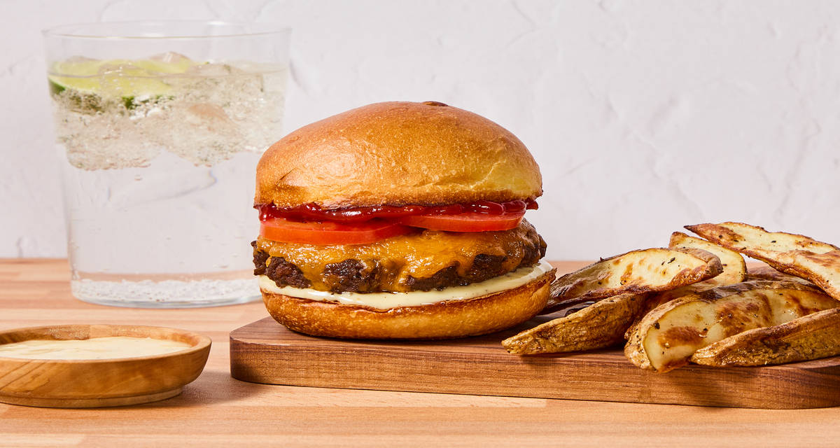 Sweet Bourbon Cheddar Burgers with Potato Wedges & Garlic Aioli