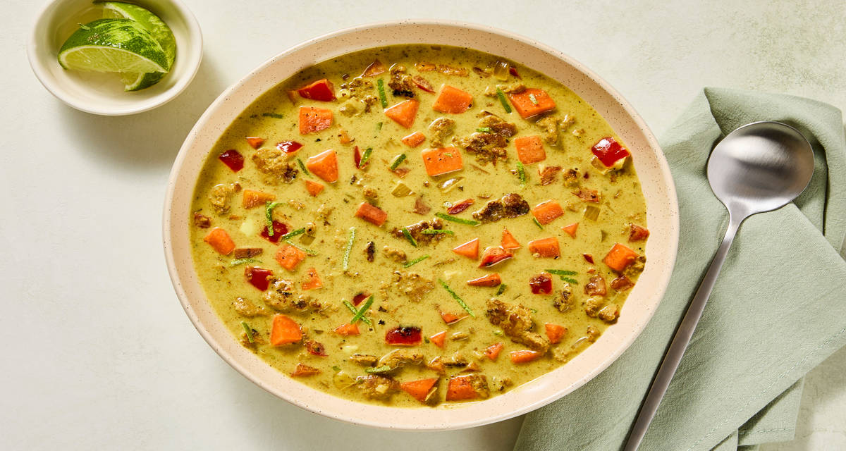 One-Pot Thai Coconut Curry Chicken Soup with Sweet Potato, Cauliflower Rice & Bell Pepper