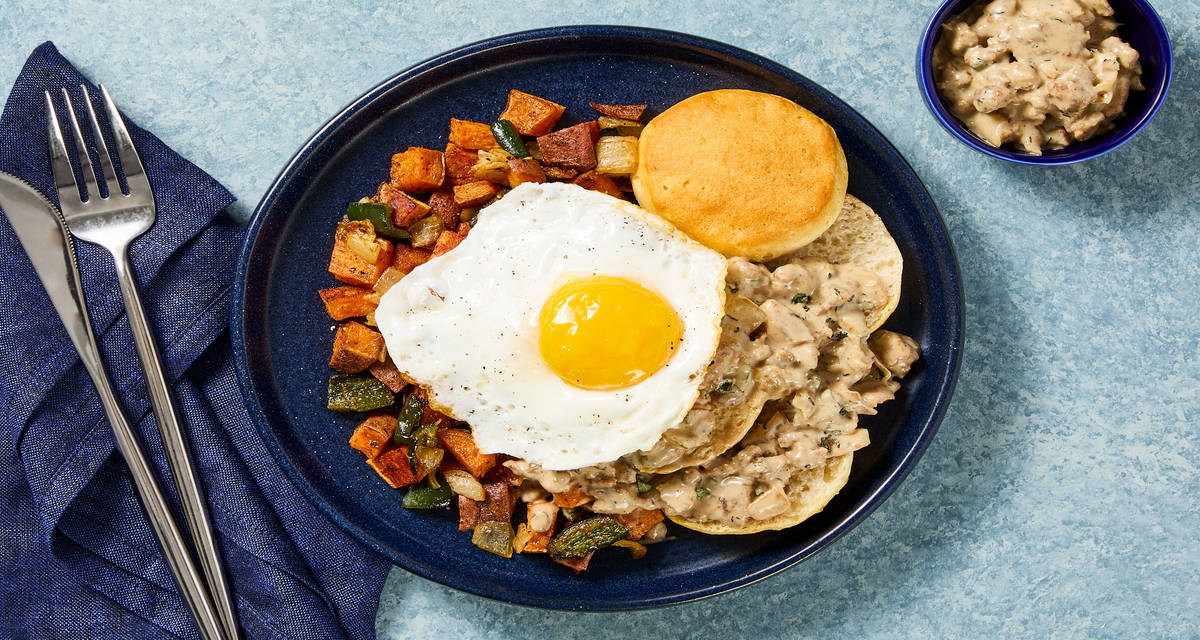 Buttermilk Biscuits & Pork Sausage Gravy with Fried Eggs & Sweet Potato Hash