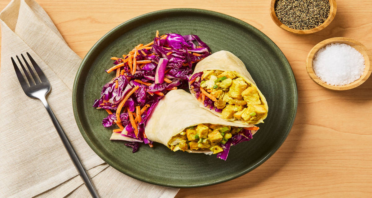 Curried Chicken Salad Wraps with Golden Raisins & Cabbage-Carrot Slaw