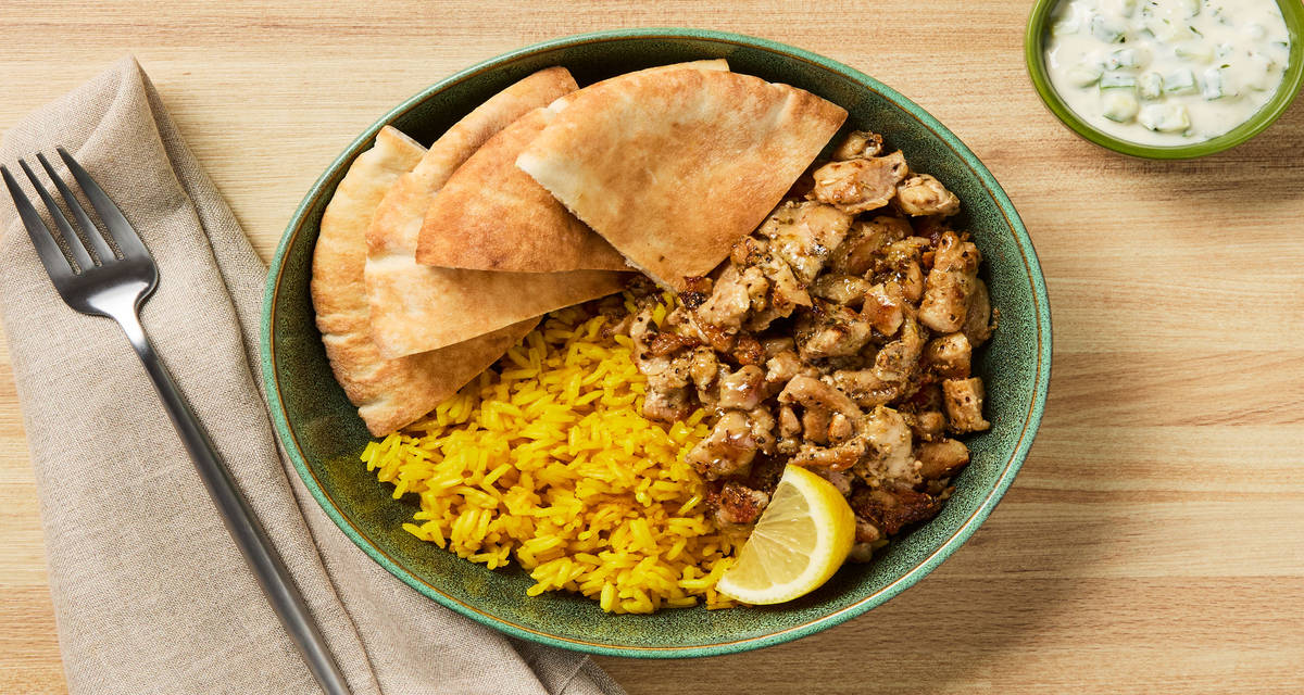 Greek Chicken Tzatziki Bowls with Chicken Thighs, Yellow Rice & Pitas