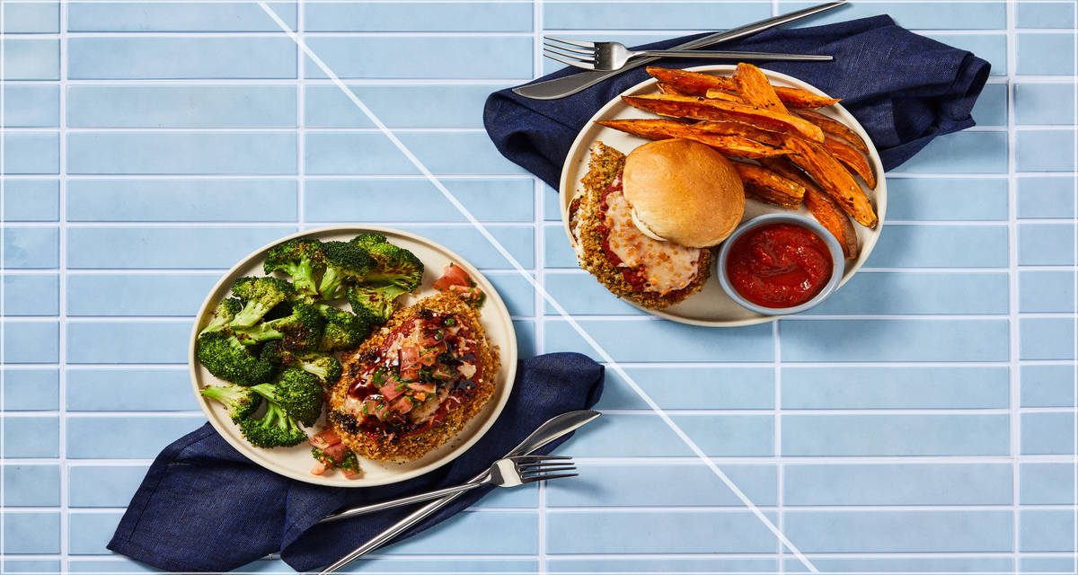 Baked Chicken Mozzarella Two Ways Keep It Simple with Sweet Potato Wedges + Mix It Up with Bruschetta & Broccoli