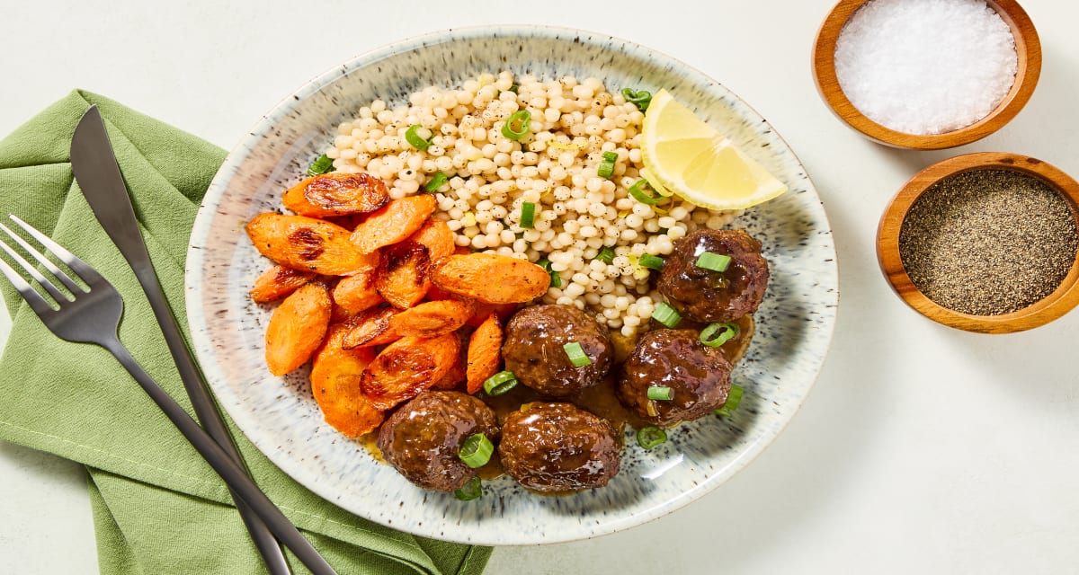 Tunisian-Spiced Meatballs with Apricot Glaze, Roasted Asparagus & Scallion Couscous-image