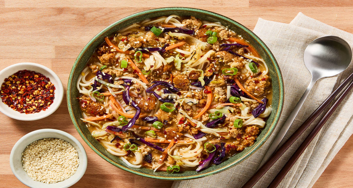 Spicy Pork Dan Dan Noodle Soup with Szechuan Spices, Sesame & Charred Cabbage
