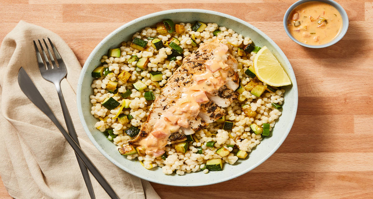 Chicken Thyme with Asparagus Couscous plus Tomato Cream Sauce & Lemon