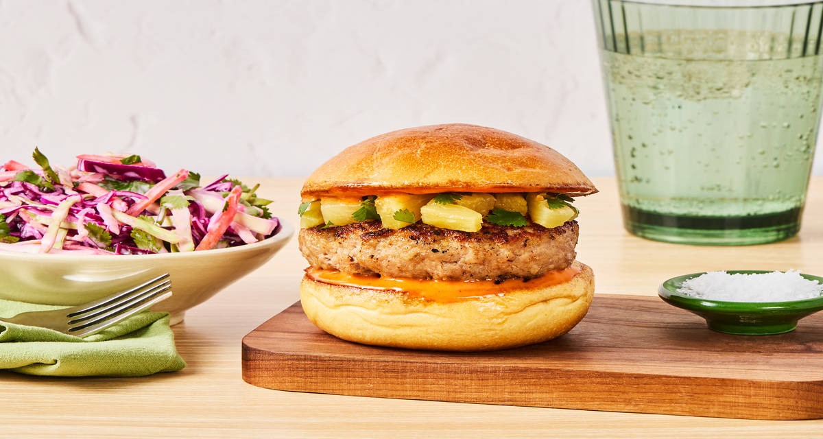 Big Island Pork Burgers with Pineapple plus Tangy Slaw and Spicy Mayo
