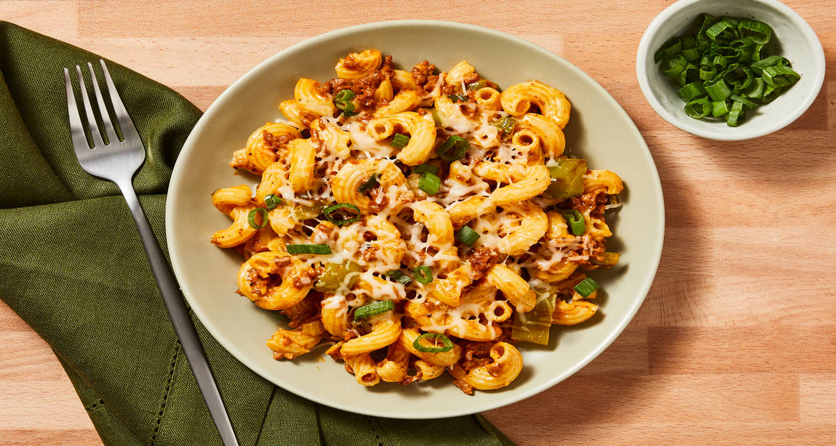 Tex-Mex Plant-Based Protein Pasta Bake with Mexican Cheese Blend, Green Pepper & Scallions