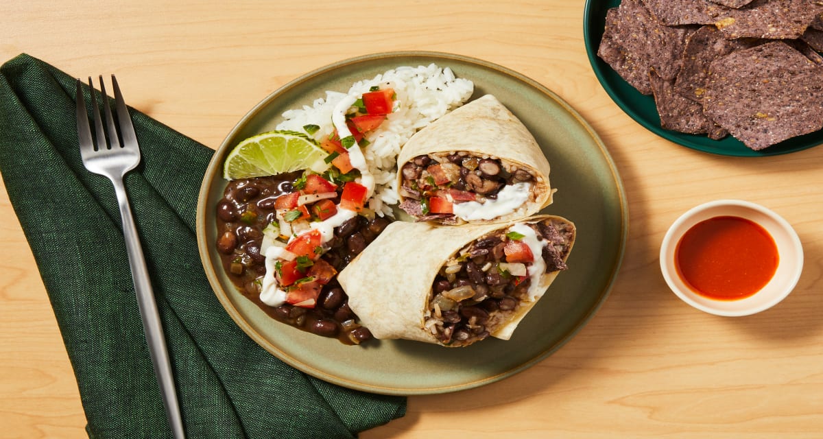 Black Bean & Blue Corn Crunch Burritos with Pico de Gallo & Lime Crema-image