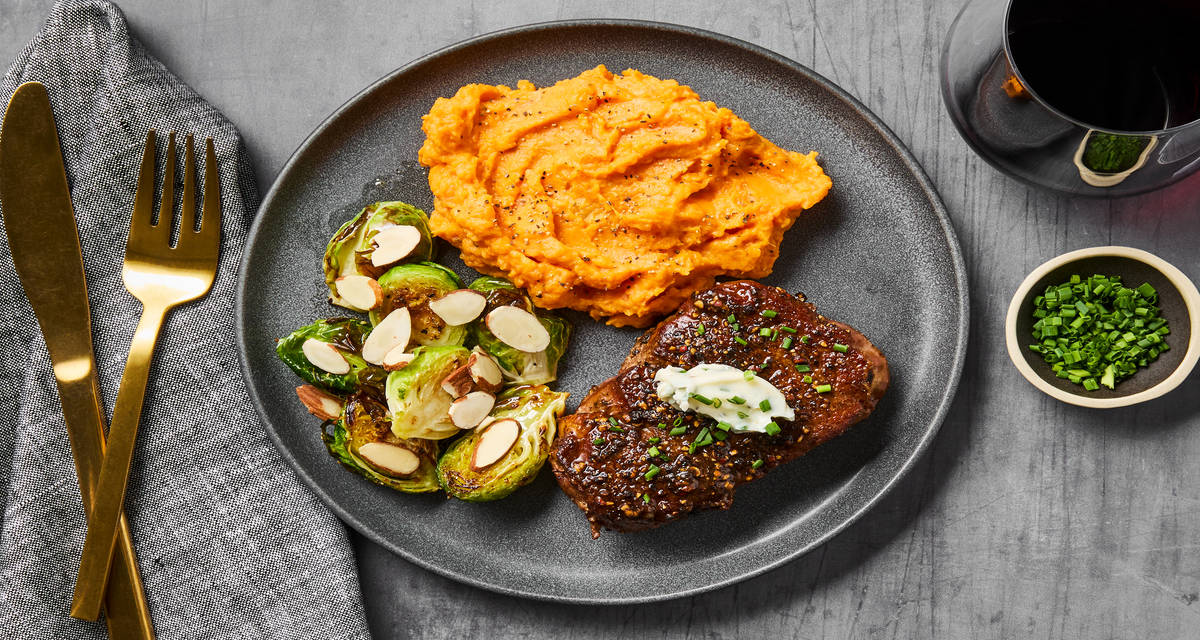 Peppercorn-Crusted Beef Tenderloin with Brussels Sprouts Amandine & Mashed Sweet Potatoes
