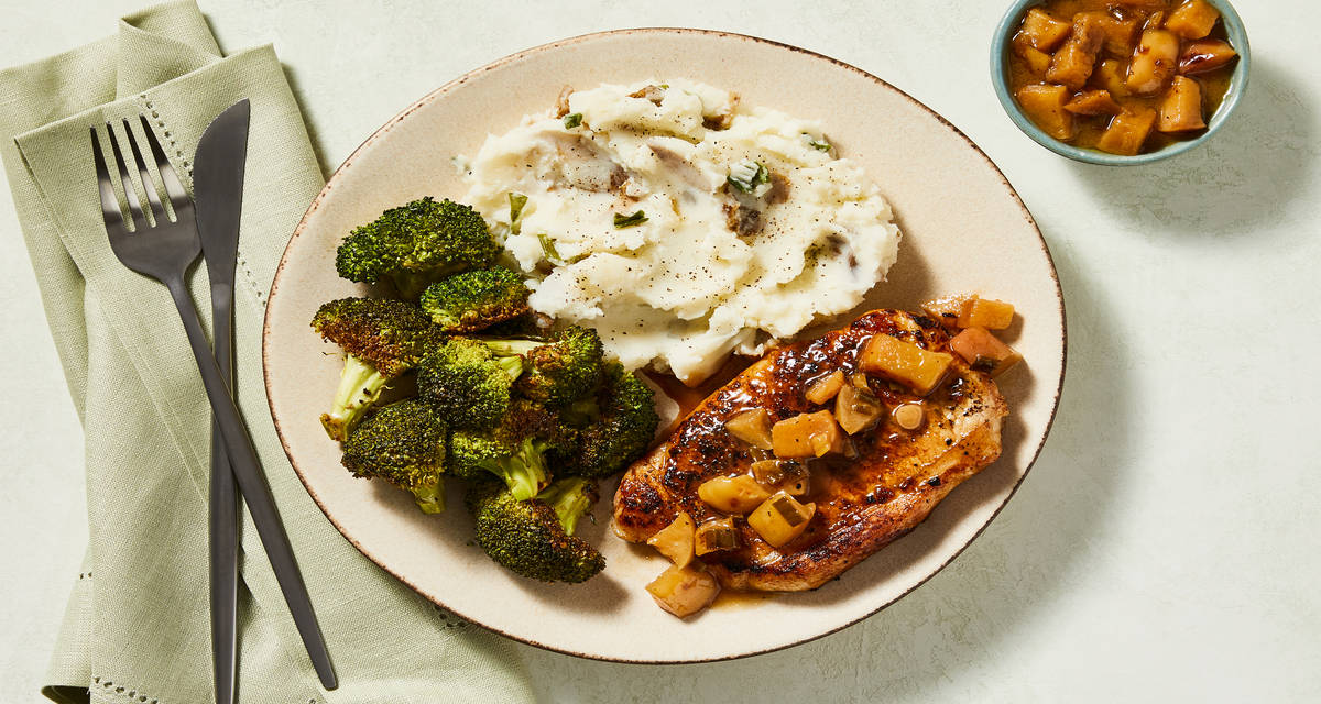 Brown Sugar Bavette Steak with Apple Pan Sauce, Scallion Mashed Potatoes & Broccoli