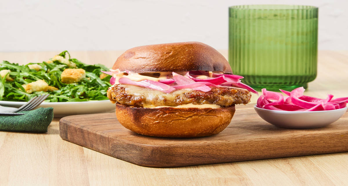 Pork Sausage Burgers with Monterey Jack plus Pickled Red Onion, Spicy Mayo & Arugula Salad