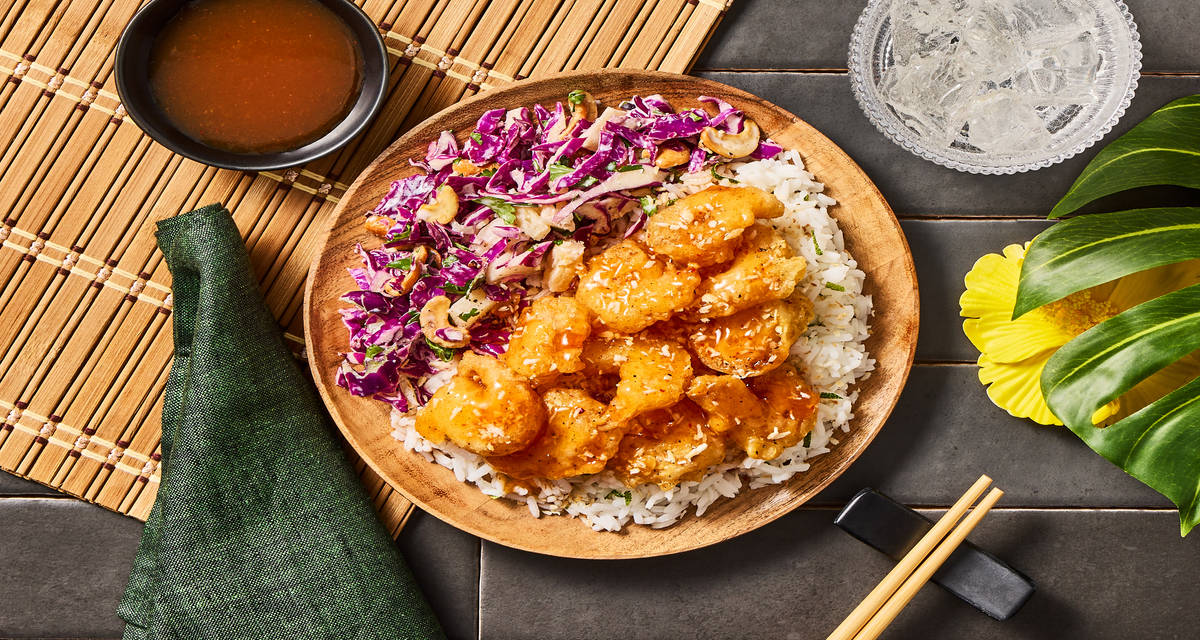Hawaiian-Style Coconut Tempura Shrimp with Tropical Slaw, Zesty Rice & Sweet ’n’ Spicy Sauce