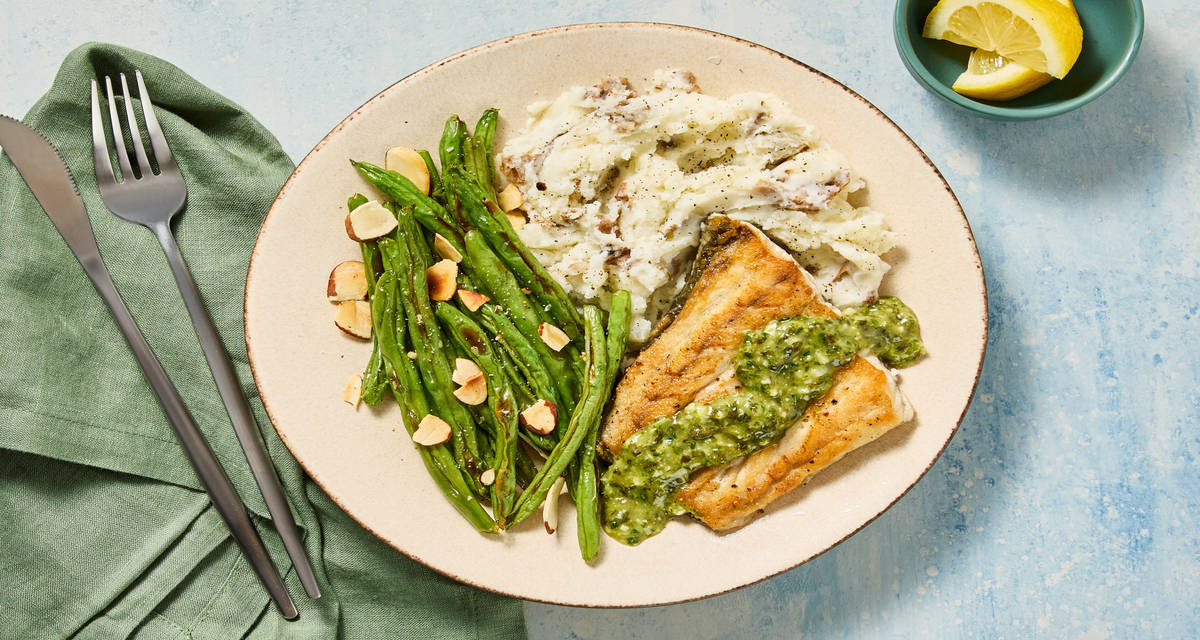 Buttery Basil Barramundi with Green Beans Amandine & Mashed Potatoes