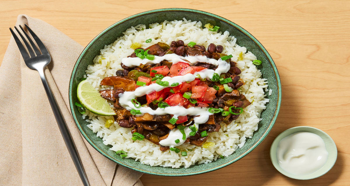 Black Bean & Portobello Burrito Bowls with Green Pepper, Pico de Gallo & Lime Crema