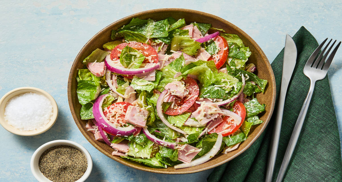 Smoked Ham & Cheese Sub Salad with Tomato, Onion & Creamy Italian Dressing
