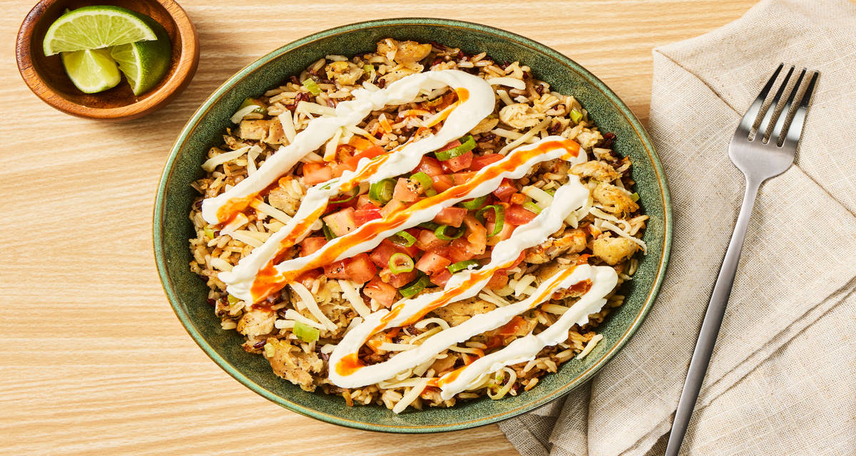 One-Pan Cheddar Chicken & Crispy Grains with Scallion Salsa & Sour Cream