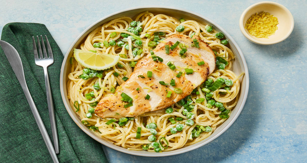Garlic Chicken & Creamy Lemon Spaghetti with Peas & Scallions