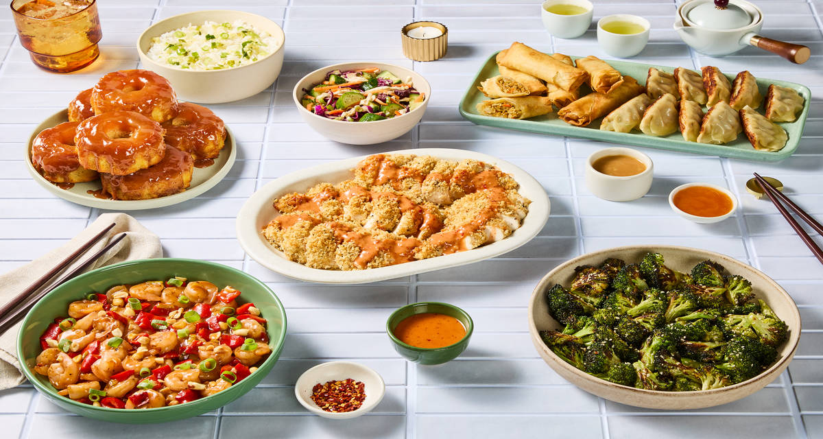 Chinese-American Takeout Feast in a Box Serves 4-6 | with Crispy Panko Chicken, Kung Pao Shrimp, Chicken Gyoza, Veggie Spring Rolls, Cucumber Slaw, Sesame Broccoli, Jasmine Rice, and Pineapple Bundt Cake
