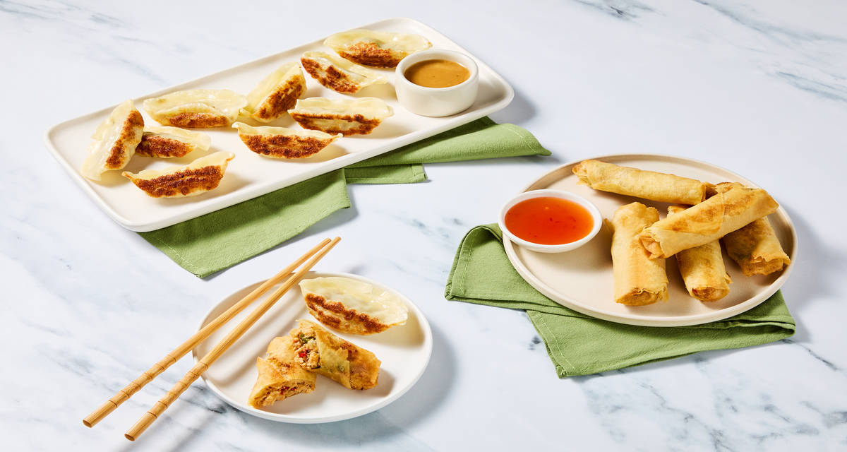Sesame Ginger Chicken Dumplings & Thai Basil Chicken Spring Rolls Here we gyoza again! | 4-6 Servings