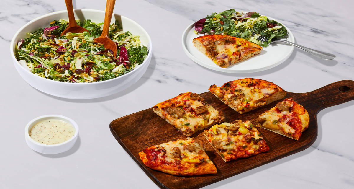 Pork Sausage & Pepper Focaccia Flatbread + Sweet Kale Salad Delivered from oven to couch in 30. | 2 Servings