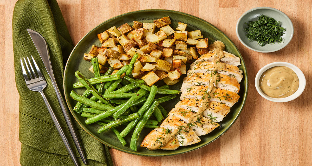 Creamy Dijon Dill Chicken with Roasted Broccoli & Green Beans