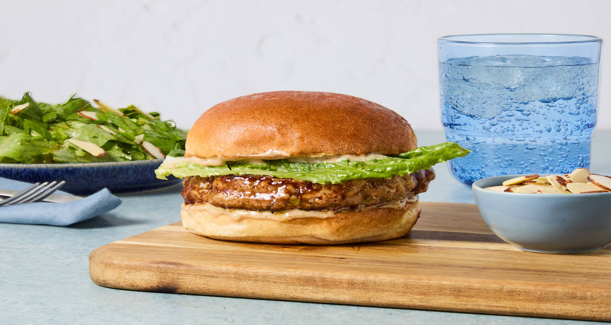 Sweet Umami Pork Burgers with Katsu Mayo & Crunchy Sesame Almond Salad