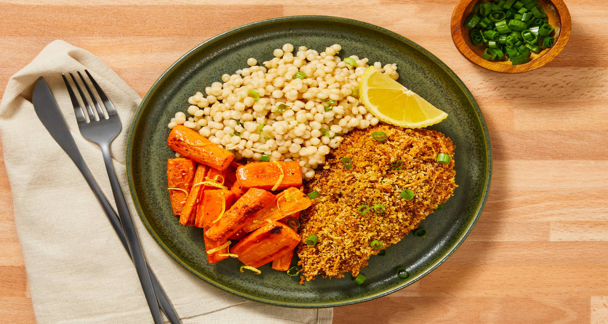 Crispy Parmesan Chicken with Garlic Scallion Couscous & Lemony Roasted Brussels Sprouts