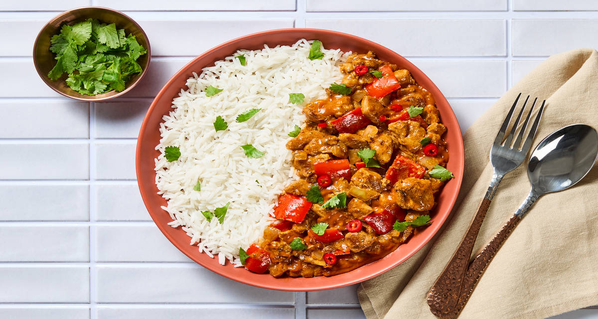 Indian-Style Shrimp Curry with Rice, Bell Pepper, Onion & Cilantro