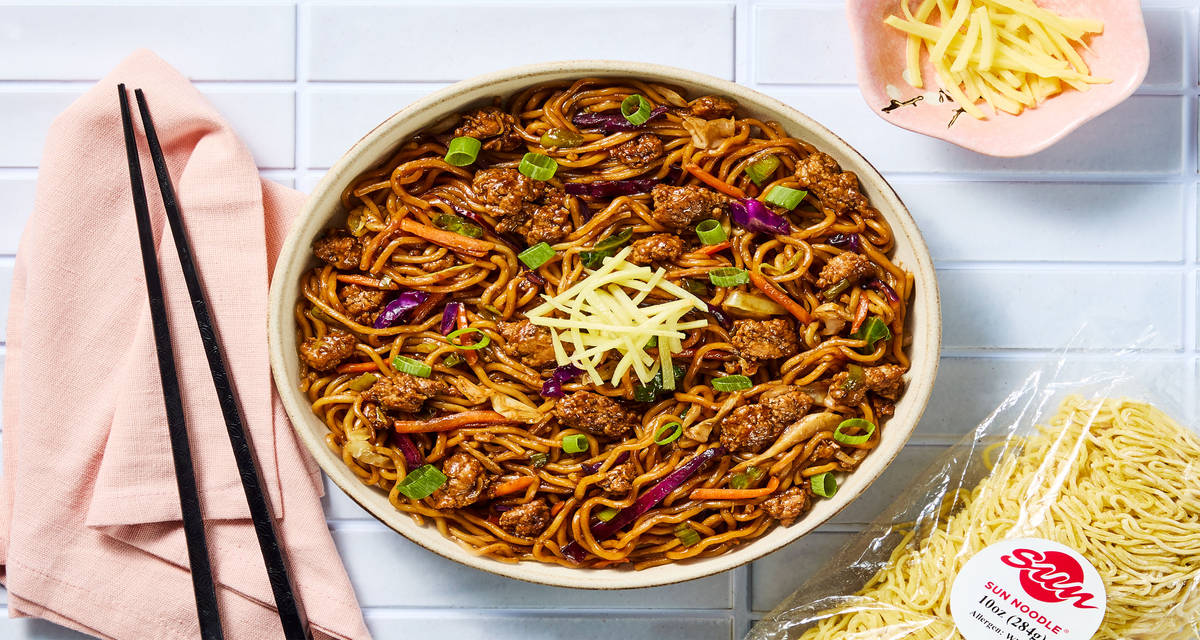 Japanese Pork & Cabbage Yakisoba Noodles with Pickled Ginger