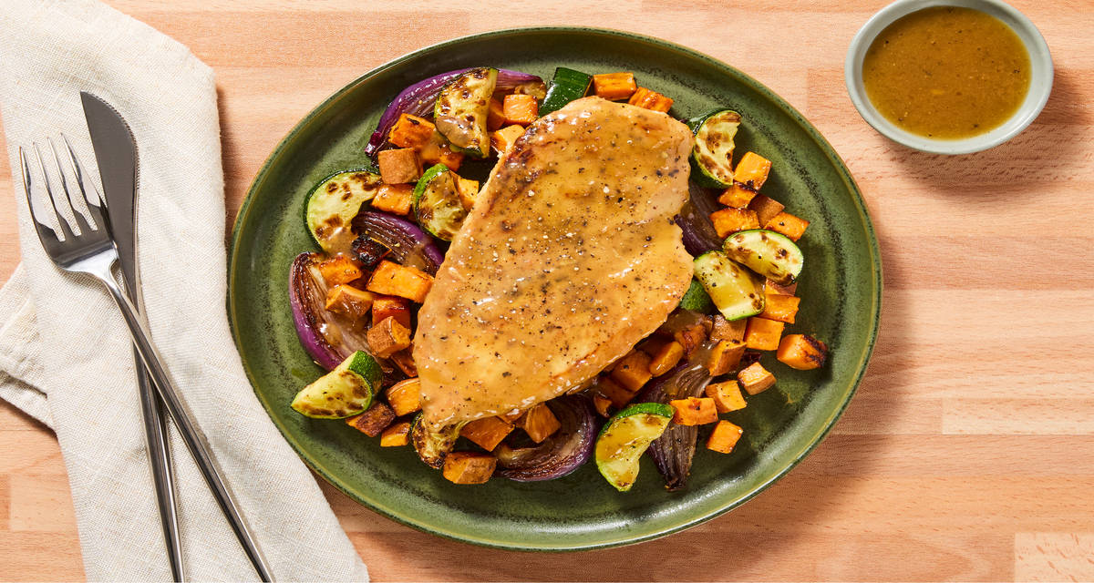 Salmon with Maple Dijon Sauce plus Sweet Potato, Zucchini & Red Onion Jumble