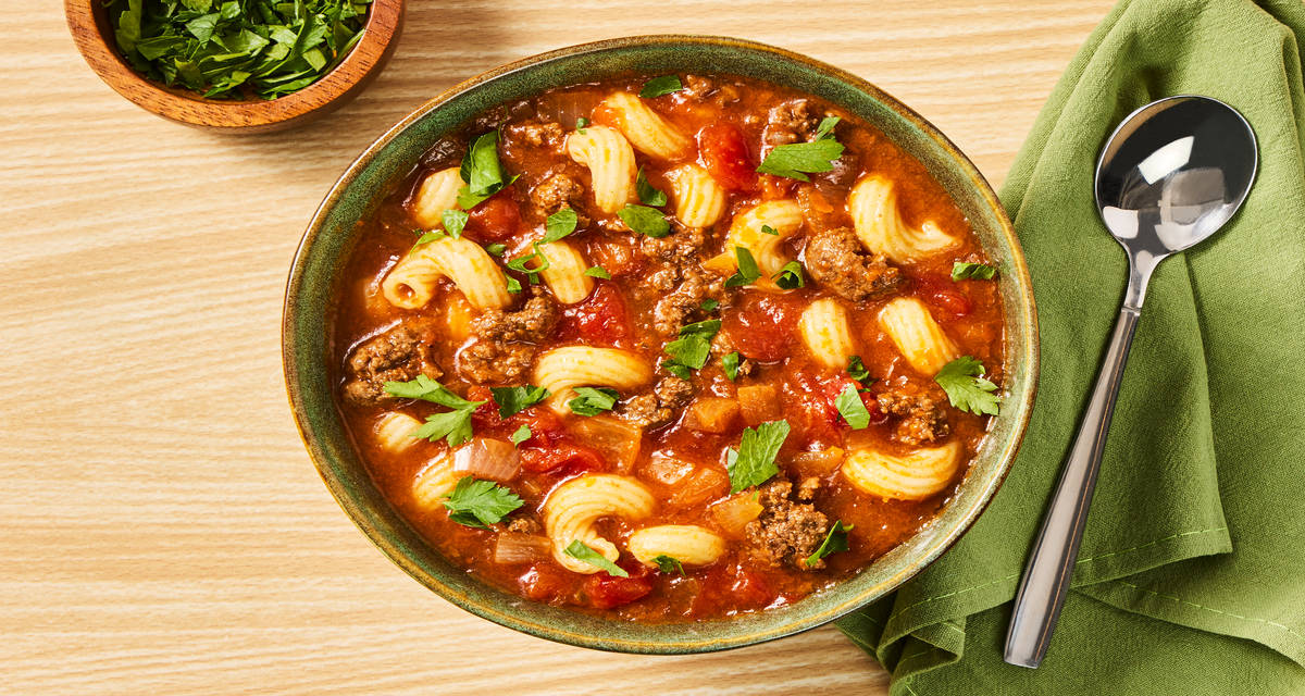 Hearty Hamburger Noodle Soup with Onion & Parsley