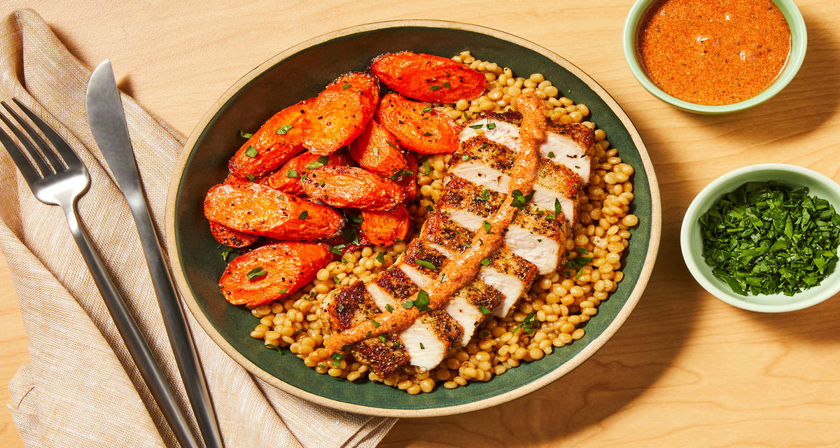 Trattoria Salmon with Roasted Carrots, Garlic Couscous & Creamy Tomato Sauce
