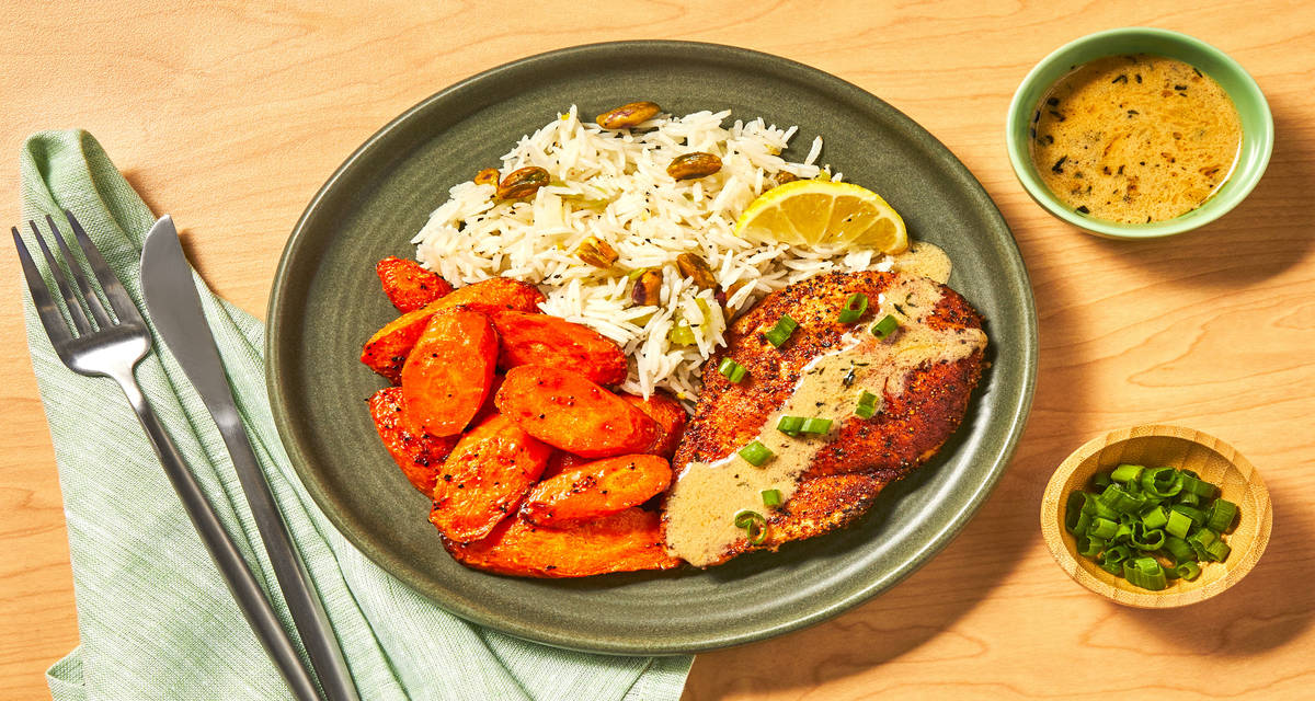 Paprika Salmon in a Lemony Sauce with Pistachio Rice & Roasted Carrots