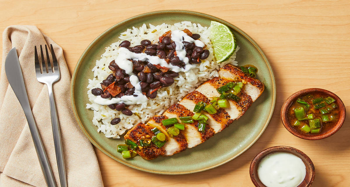 Chicken with Zesty Green Onion Salsa & Buttery Black Beans over Rice