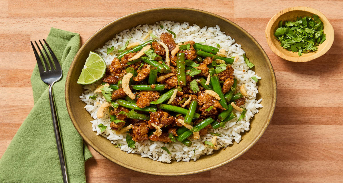 Sweet Chili Tofu & Green Bean Bowls with Crispy Fried Onions & Cilantro